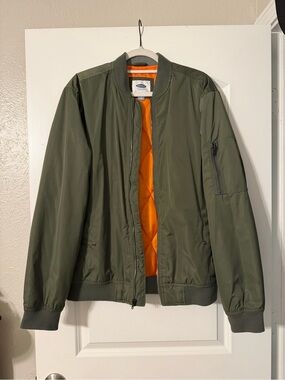 Old Navy Men's Olive Bomber Jacket with Bright Orange Lining